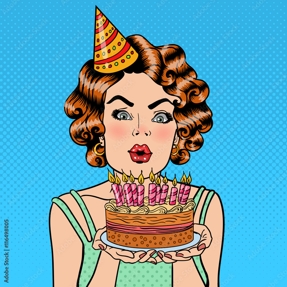 Wall mural pretty happy girl blowing candles on birthday cake and making a wish. pop art. vector illustration