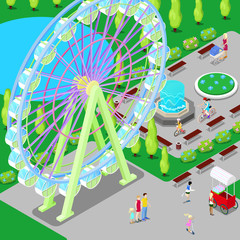Isometric Amusement Park with Ferris Wheel and Children. Vector illustration
