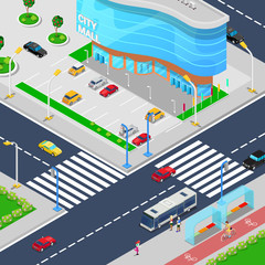 Isometric City Mall. Modern Shopping Center Building with Parking Zone. Vector illustration