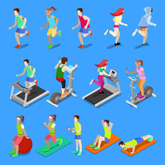 Isometric People. Man and Woman Exercising at the Gym. Vector illustration