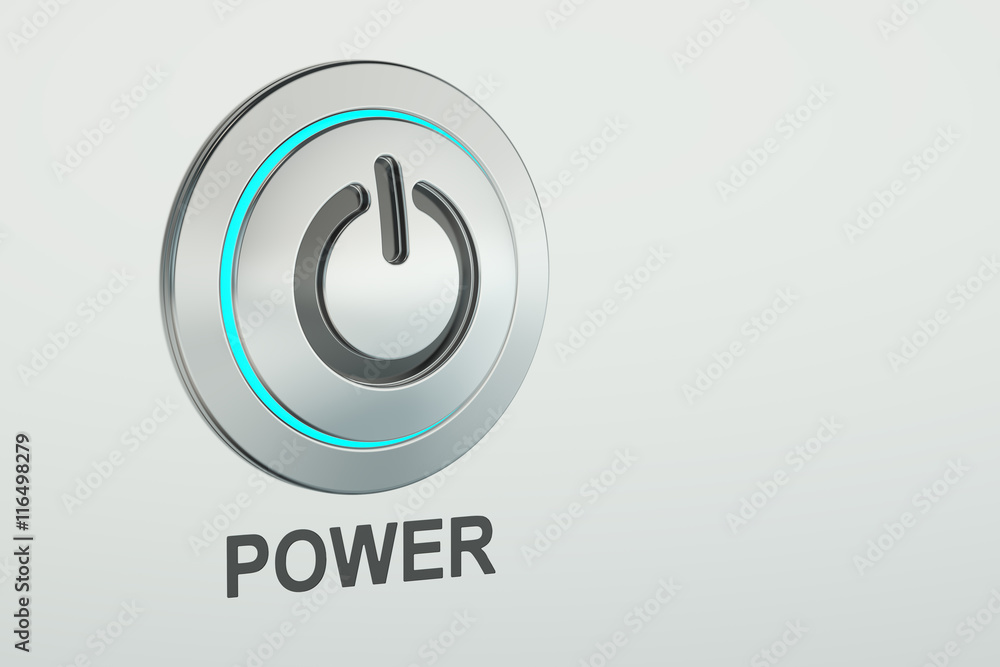 Poster power button closeup, 3d rendering