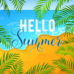Fototapeta na wymiar Summer Holidays Background with Tropical Seascape and Palm Leaves. Vector illustration