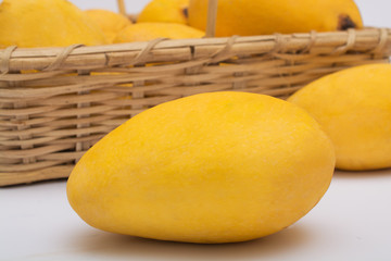 Fresh ripe chaunsa mangoes with basket on white background