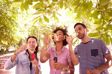 Three young people blowing some bubbles