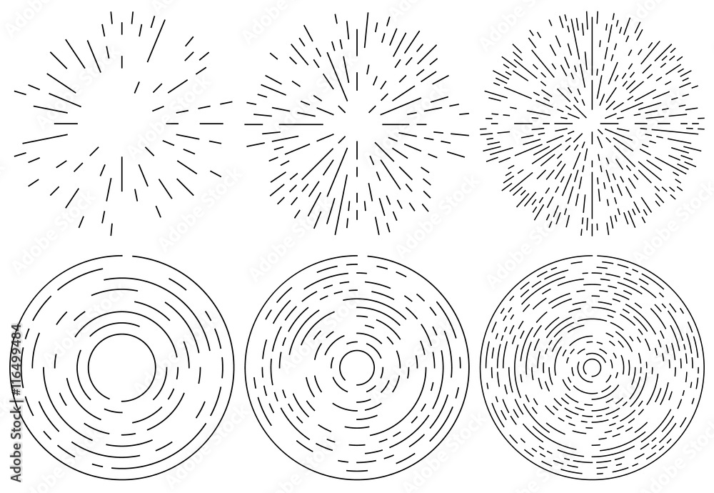 Poster Set of radiating and concentric lines element. Random, irregular