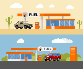 Concept fuel petrol station with a SUV car. Gas station and fuel pump with a shop. Vector illustration.