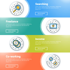 Set of flat line business website banner templates. Vector illustration. Modern thin line icons in circle. Searching, Finance, Income, Co-working
