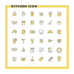Food and kitchen flat design icon set. Food, beverages, cooking, kitchenware, cutlery. Yellow and black colors