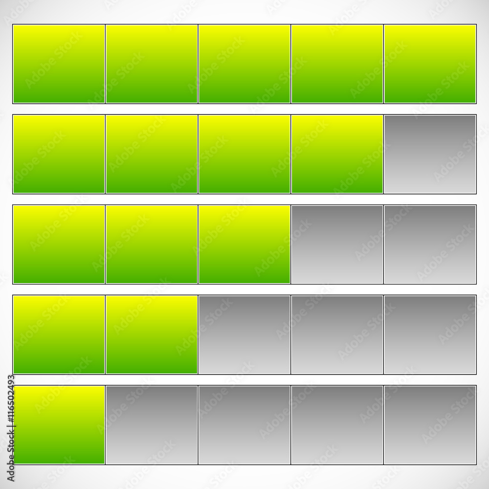 Aufkleber progress, step, phase indicators. simple 5-step progress bars.