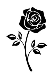 Obraz premium Vector black silhouette of a rose flower with stem isolated on a white background.