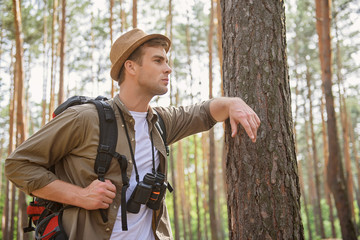 Male traveler making trip in forest