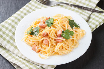 Pasta Carbonara in white plate.