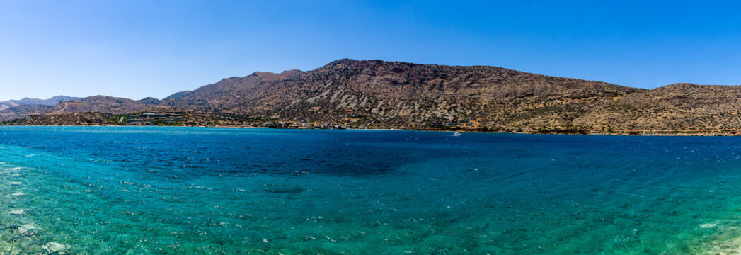 Panoramic view of the northern coast of the island of Crete (Greece), on the part of the Cretan Sea, the Gulf of Mirabello.