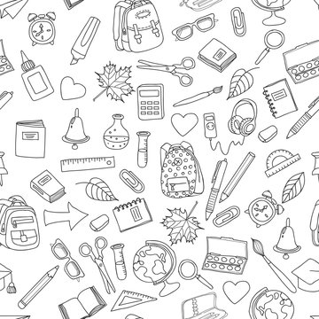 Vector seamless pattern with doodle school tools. Hand drawn outline school icons, isolated on white. Design for fashion print, wrapping, web backgrounds, school or education theme.