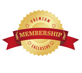 Membership seal with red curved banner. Premium and Exclusive.