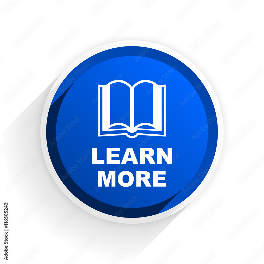 Poster learn more flat icon with shadow on white background, blue modern design web element