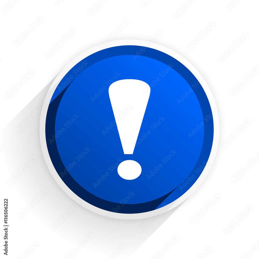 Aufkleber exclamation sign flat icon with shadow on white background, blue modern design web element