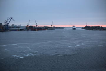 View out of the port of Rostock on a rainy day