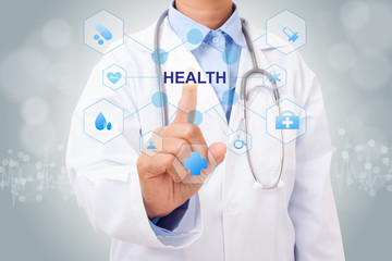 Doctor hand touching health sign on virtual screen. medical concept