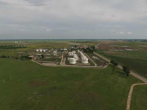 Aerial view of oil storage tanks