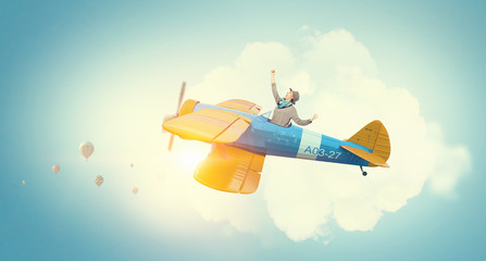 Girl flying old plane . Mixed media
