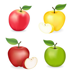 Apples, Pink Lady, Granny Smith, Red and Golden Delicious varieties, fresh, natural, ripe, orchard garden fruit isolated on a white background.
