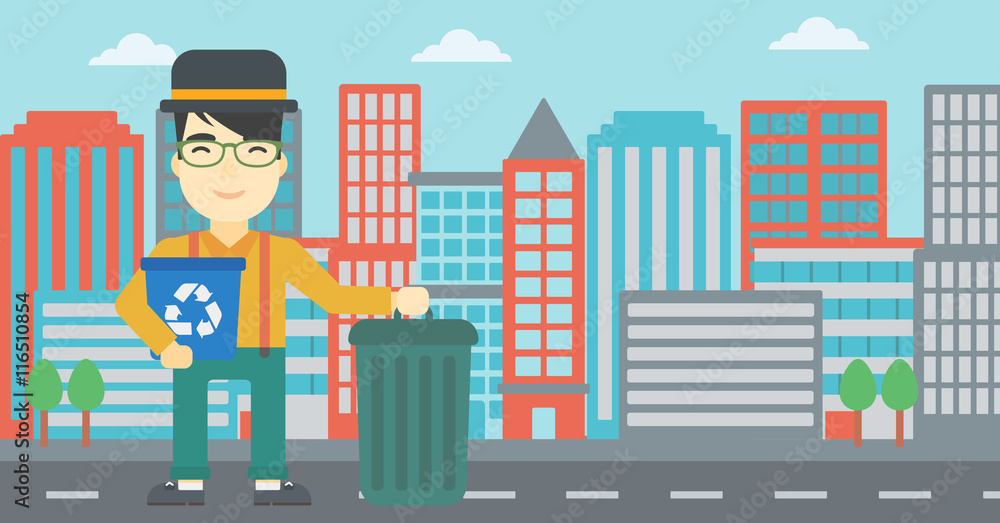 Poster man with recycle bin and trash can.
