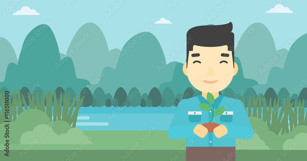 Poster man holding plant vector illustration.