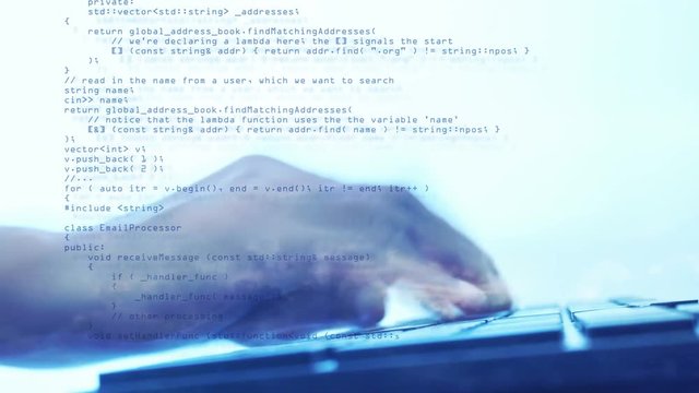 Programming code running with man typing on keyboard , Concept
