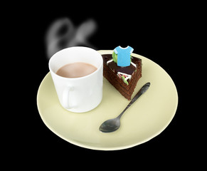 Warm cup of coffee with cake on black background