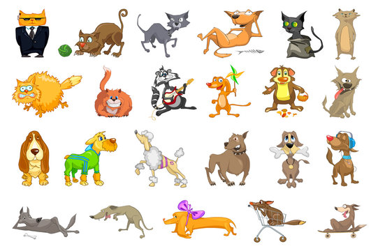 Vector set of cats and dogs illustrations.