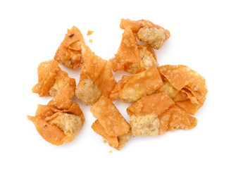 side view crispy wontons on white background and it is a very popular snack in China