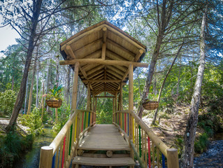 Inside view of small colorful covered wooden bridge  - Parque Ar