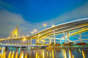 night cityscape at Bhumibol Bridge in Bangkok , Thailand.