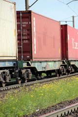 Fototapeta premium Train Freight transportation. Cargo transit. Summer Day