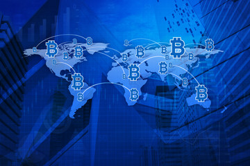 Bit coin icon with connection line over map and city background,