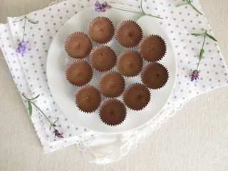 Selbst gemachtes Eiskonfekt mit Kakao, Puderzucker und Kokosöl im Aluförmchen