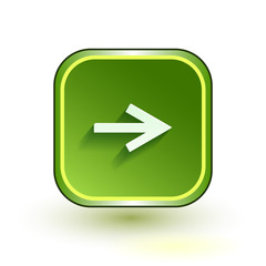 Green web button with arrow right sign. Rounded square shape icon with shadow on white background. Vector illustration.