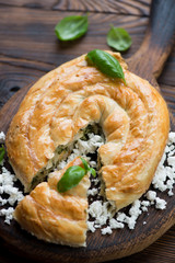 Burek pie with cheese and spinach, selective focus