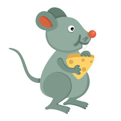 illustration of isolated  rat eating cheese on white background.