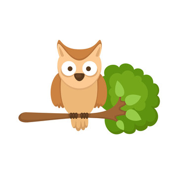 illustration of isolated owl sitting on tree branch