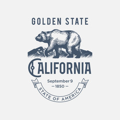 Калифорния, стилизованная эмблема штата Америки, медведь, иллюстрация, вектор - obrazy, fototapety, plakaty