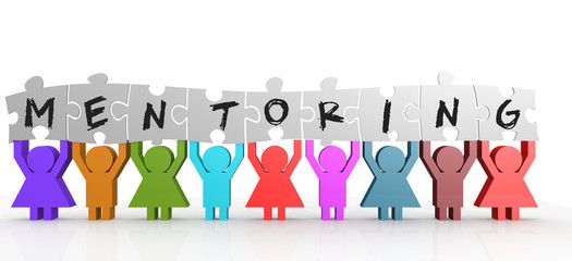 Nine people hold puzzle with mentoring word