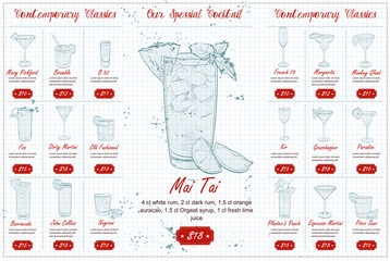 Back Drawing horisontal cocktail menu design