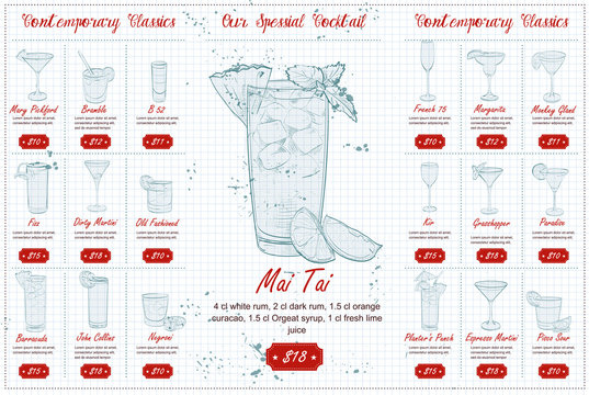 Back Drawing horisontal cocktail menu design