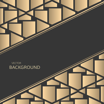 Vector geometrical background. Geometric golden design. Abstract background. Black background with golden shattered tiles in luxury design.