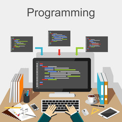 Programming illustration. Programmer working place illustration concept. Flat design illustration concepts for development, developer, working place, analysis, working, brainstorming, coding.
