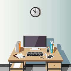 Working place at home or office illustration. Modern interior. Flat design.
