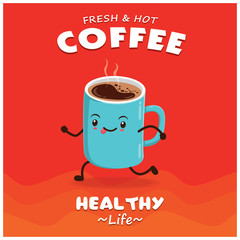 Vintage Coffee poster design with vector coffee character. 
