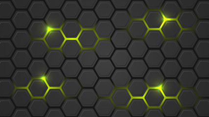 Dark vector illustration with a hexagonal pattern and green backlight.
